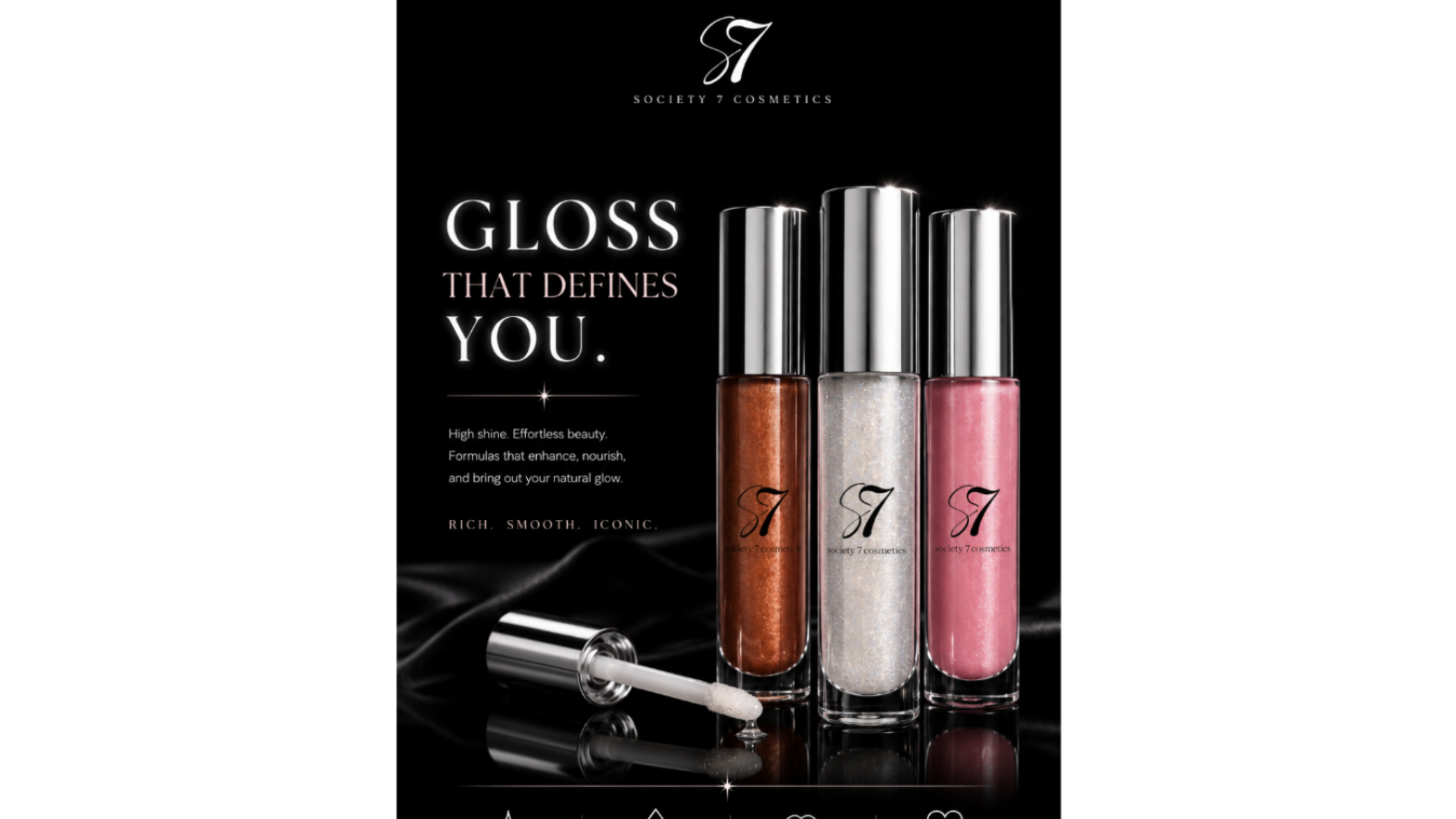 Lip gloss set with three shades on a black background, featuring the brand 'S7'.